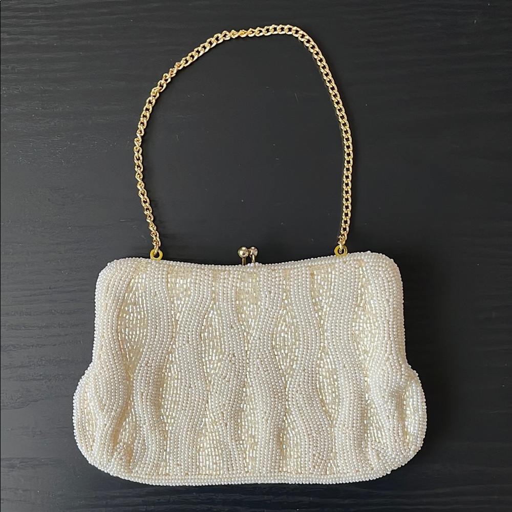 Vintage Elegant Pearl Beaded Handbag with Gold Chain